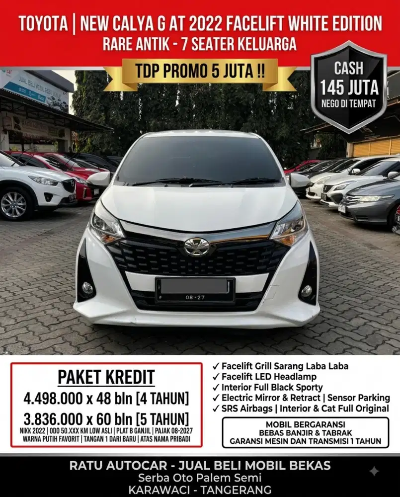 TDP CUMA 5 JUTA 
Angsuran 3 jutaan mobil keluarga NEW CALYA G AT 2022