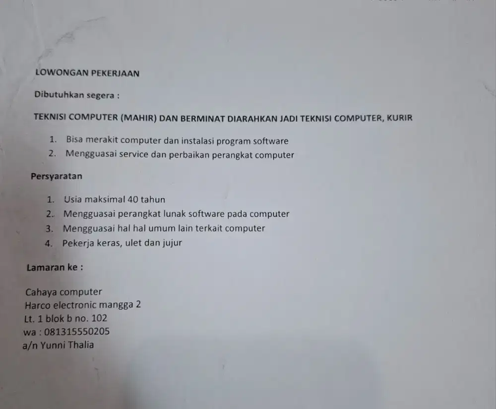 LOWONGAN TEKNISI COMPUTER , KURIR