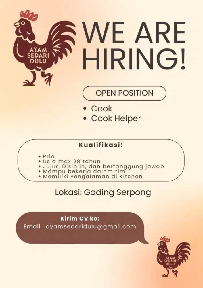 LOWONGAN COOK & COOK HELPER GADING SERPONG