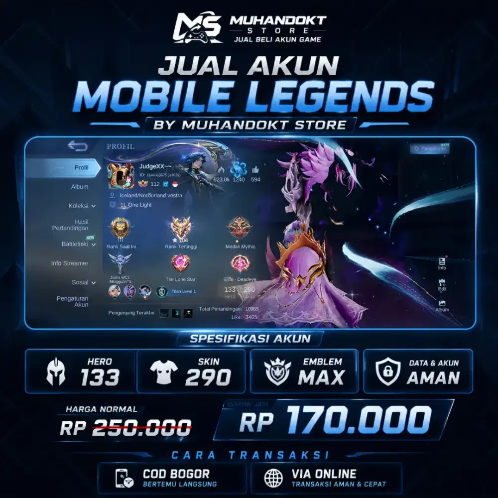 JUAL AKUN MOBILE LEGENDS SKIN 290