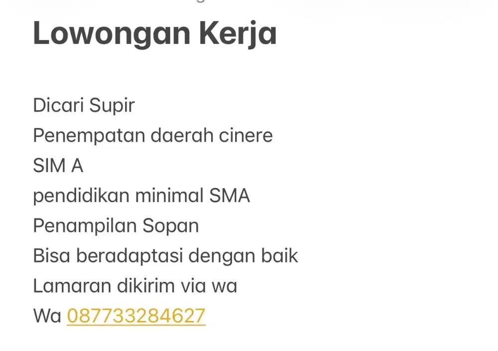Lowongan supir cinere