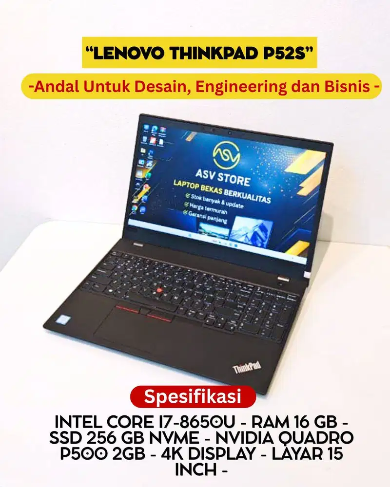 LENOVO THINKPAD P52S CORE I7 8650U RAM 16GB SSD 256GB QUADRO P500 2GB