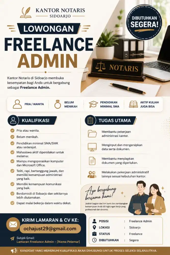 Lowongan Freelance Admin di Kantor Notaris area sidoarjo kota