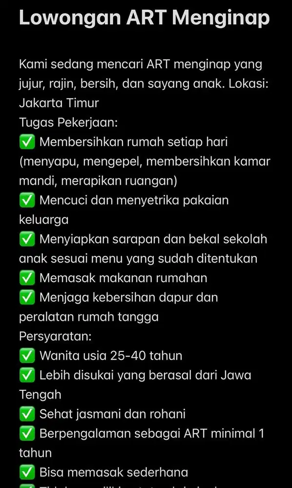 Lowongan ART Menginap