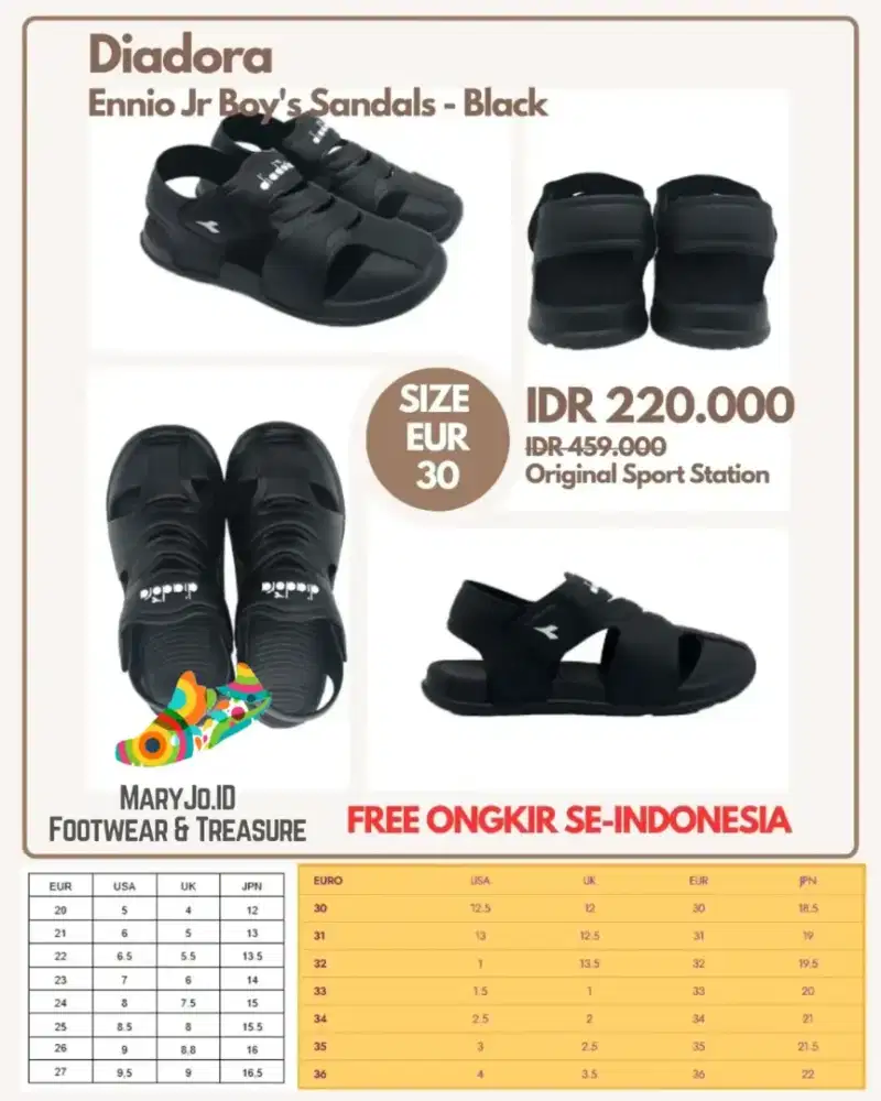 Diadora Ennio Jr Boy's Sandals - Black : Size 30