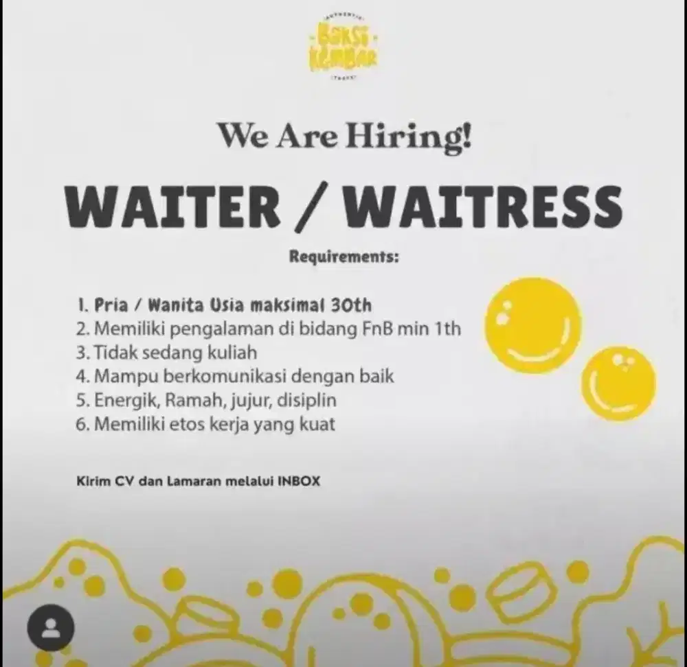 DIBUTUHKAN WAITER / WAITRESS RESTO BAKSO