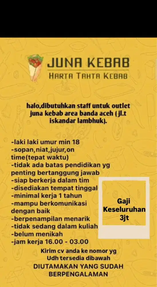 Di cari yang sudah pengalaman di kebab