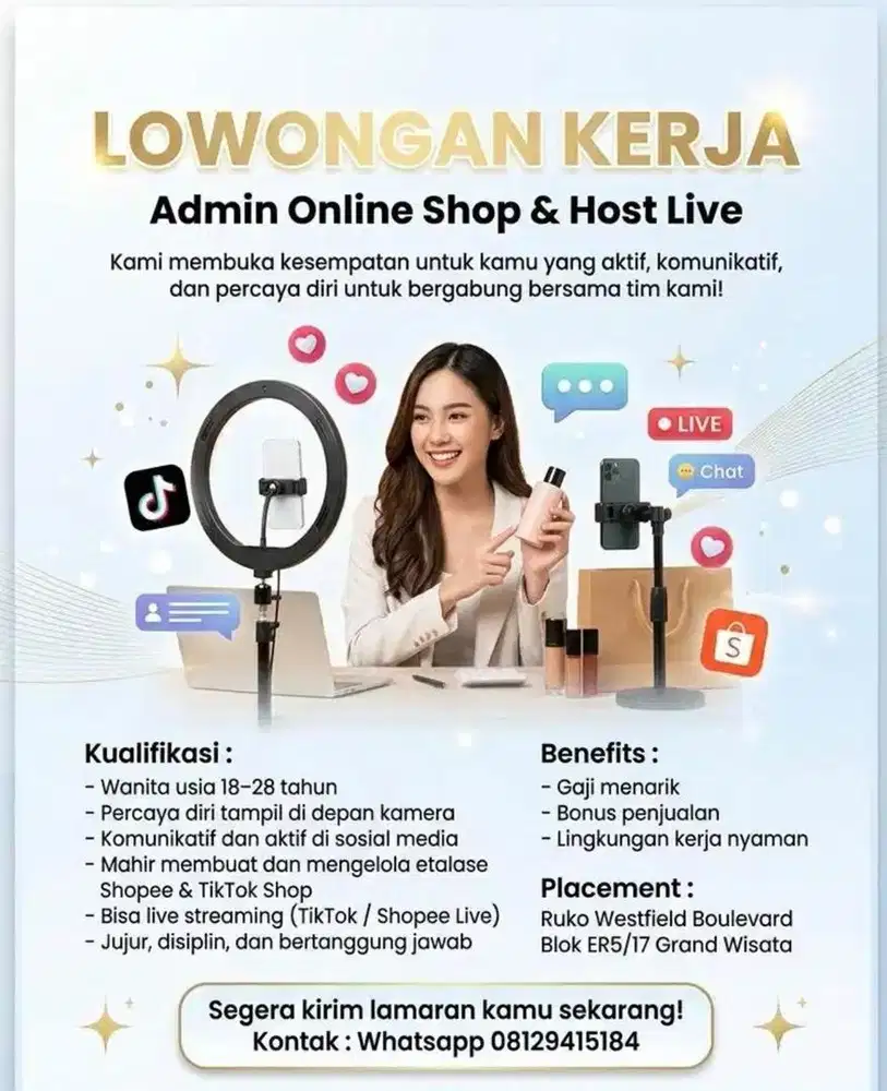 Dicari Karyawan Untuk Admin + Host online shop