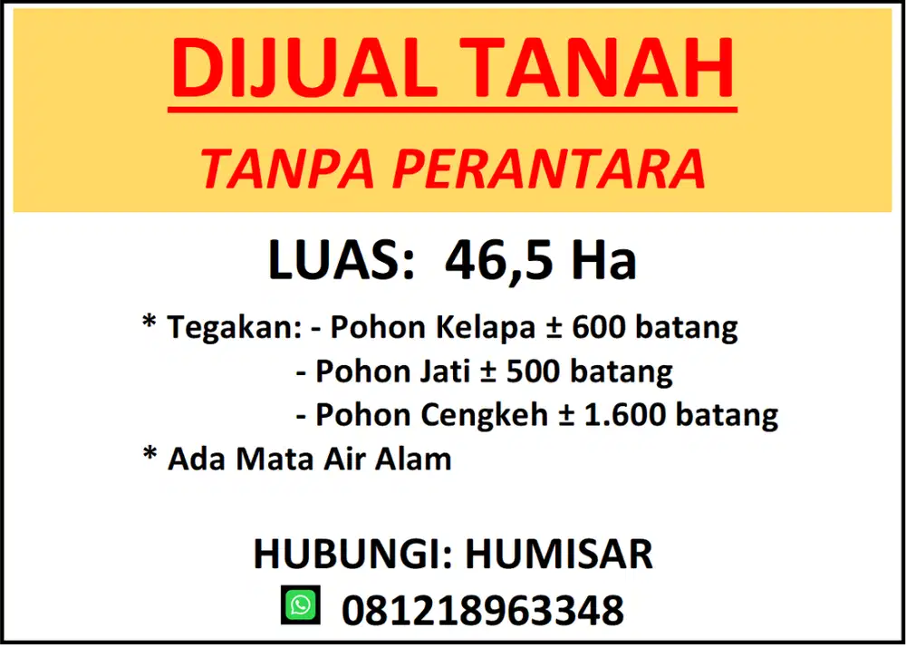 Dijual Tanah Tanpa Perantara di Jl. Trans Sulawesi, Luas 46,5 Ha