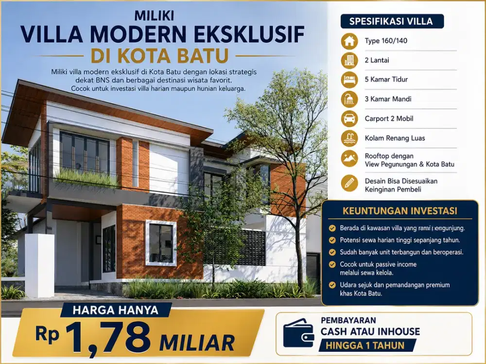 VILLA Rumah Mewah 2 Lantai atas wisata BNS Type 160/140 – Harga Rp1,77 M