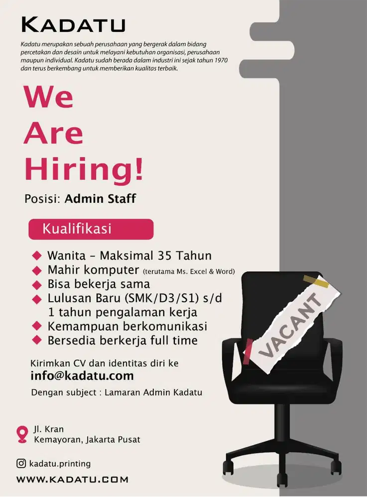 We Are Hiring Admin Staff, Driver, Teknisi and Editor !