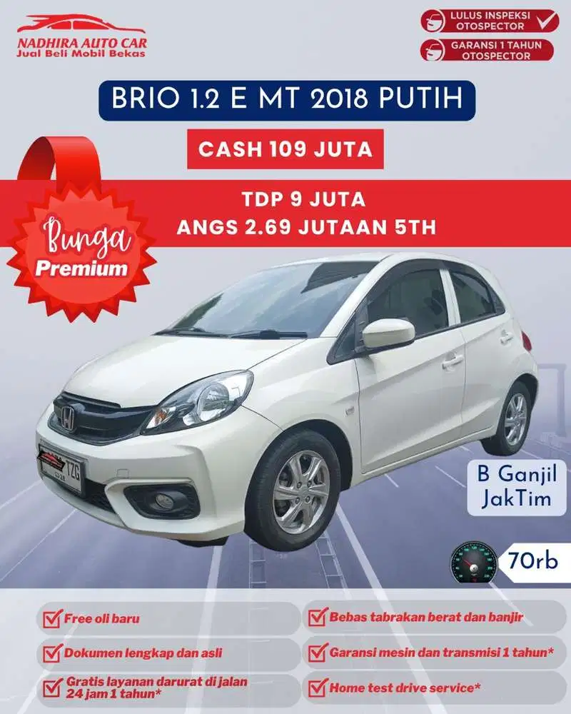 Angsuran Bunga Premium 2 Jutaan Brio 1.2 E MT 2018 Putih