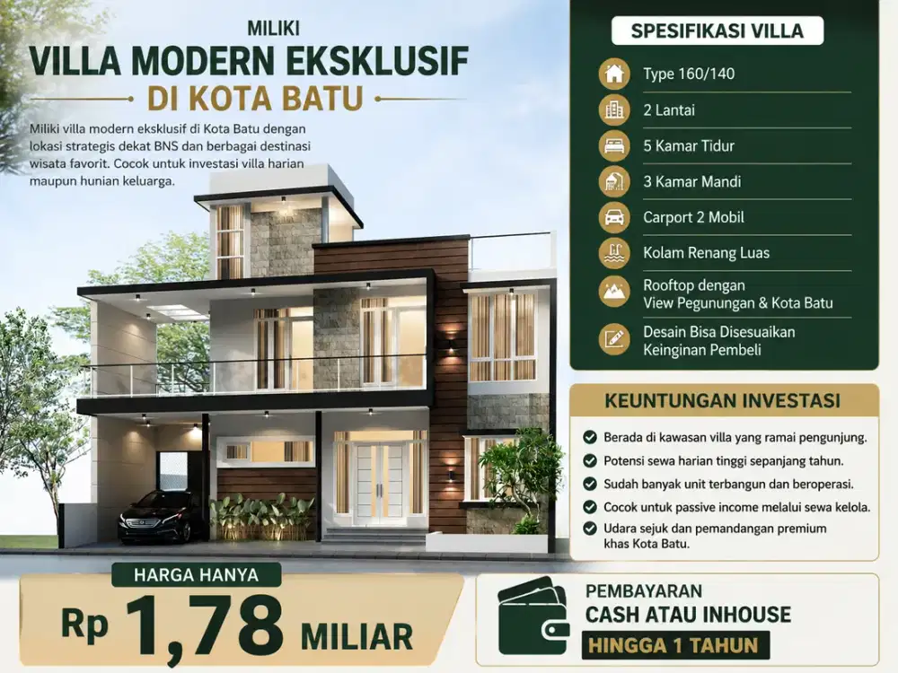 Villa dekat wisata BNS kota batu type 160/140 free furniture dan free legalitas