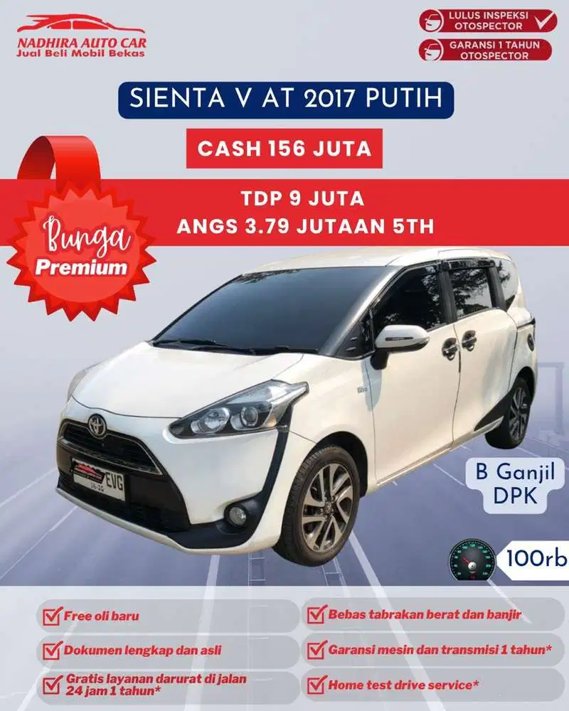 Angsuran Bunga Premium 3 Jutaan Sienta V AT 2017 Putih
