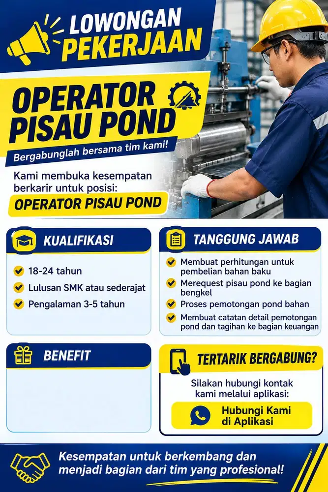 DICARI OPERATOR MESIN POND HIDROLIK