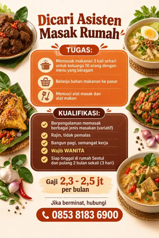 DICARI WANITA ASISTEN MASAK RUMAH SENTUL