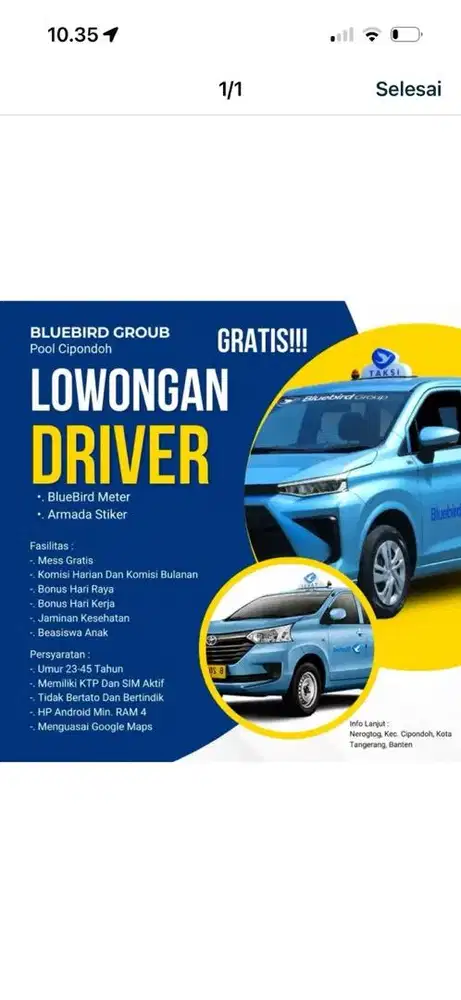 Lowongan driver/sopir tangerang