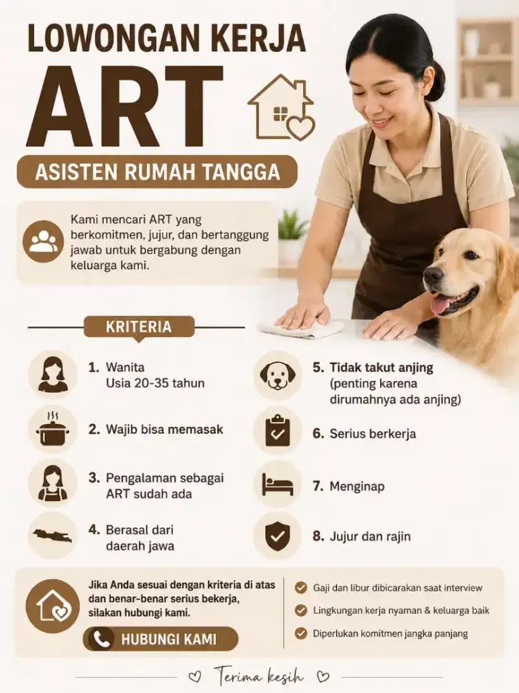 Lowongan Kerja ART wajib bisa masak dan tidak takut anjing