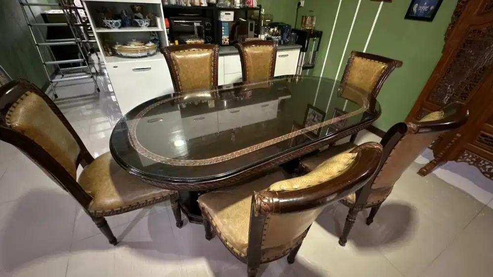 meja makan jati salina 6 kursi + kaca
