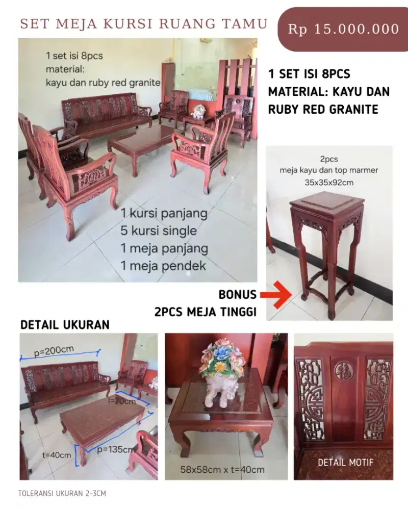 SET MEJA KURSI RUANG TAMU UKIR STYLE CHINA