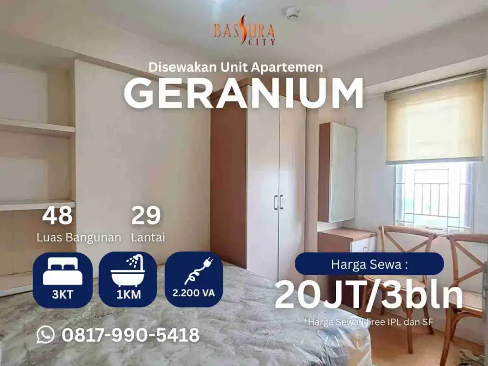 Sewa 3BR Furnished apartemen Bassura City ada water heater tower G