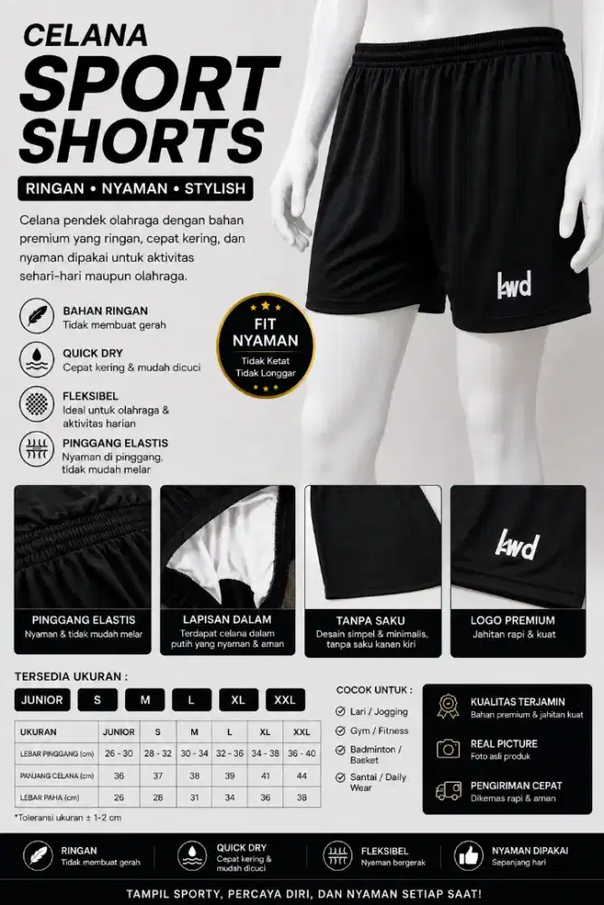 Celana Sport Shorts Pria KWD Celana Pendek Olahraga Ringan Quick Dry