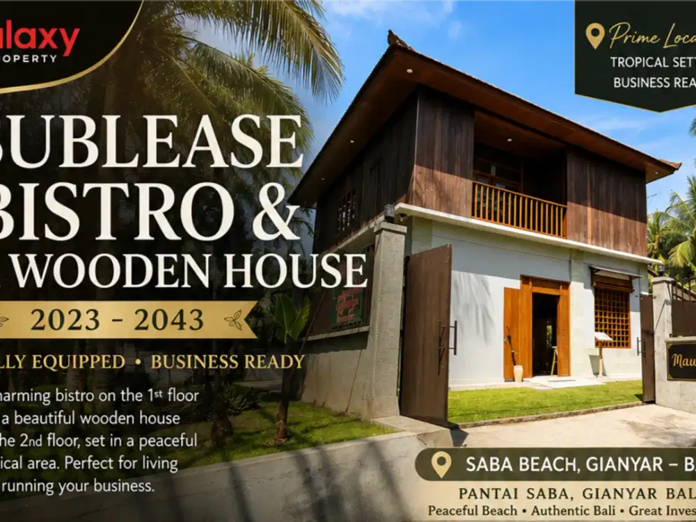 Sublease Bistro dan Wodden House Fully Equipped di Pantai Saba Gianyar