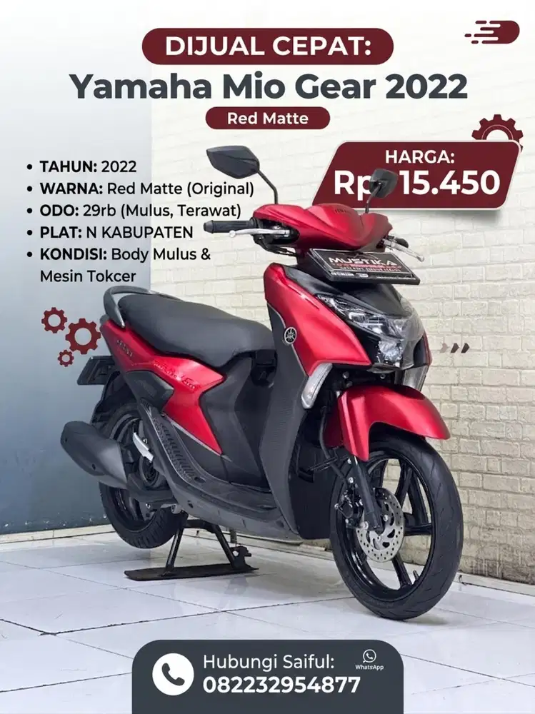 Perfect Condition!!Yamaha Mio Gear 2022 Red Matte N Asli-Mustika