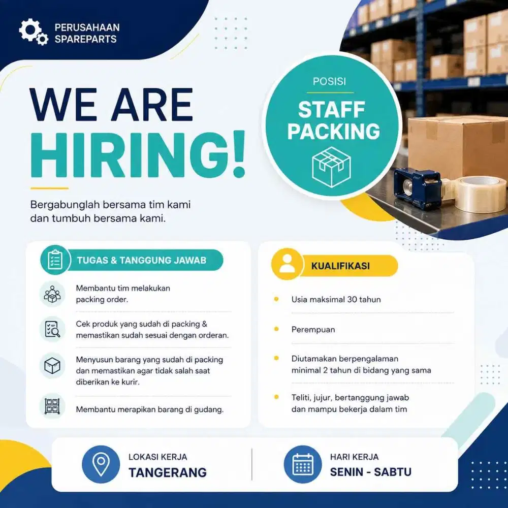 Dibutuhkan STAFF PACKING & ADMIN GUDANG