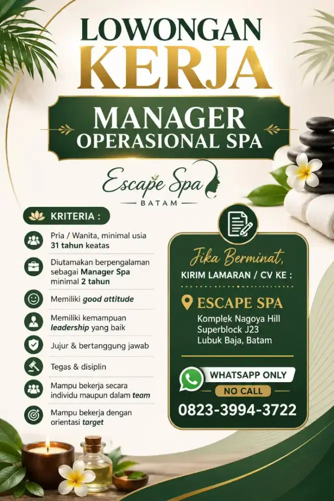 Dibutuhkan manager operasional dan terapis spa