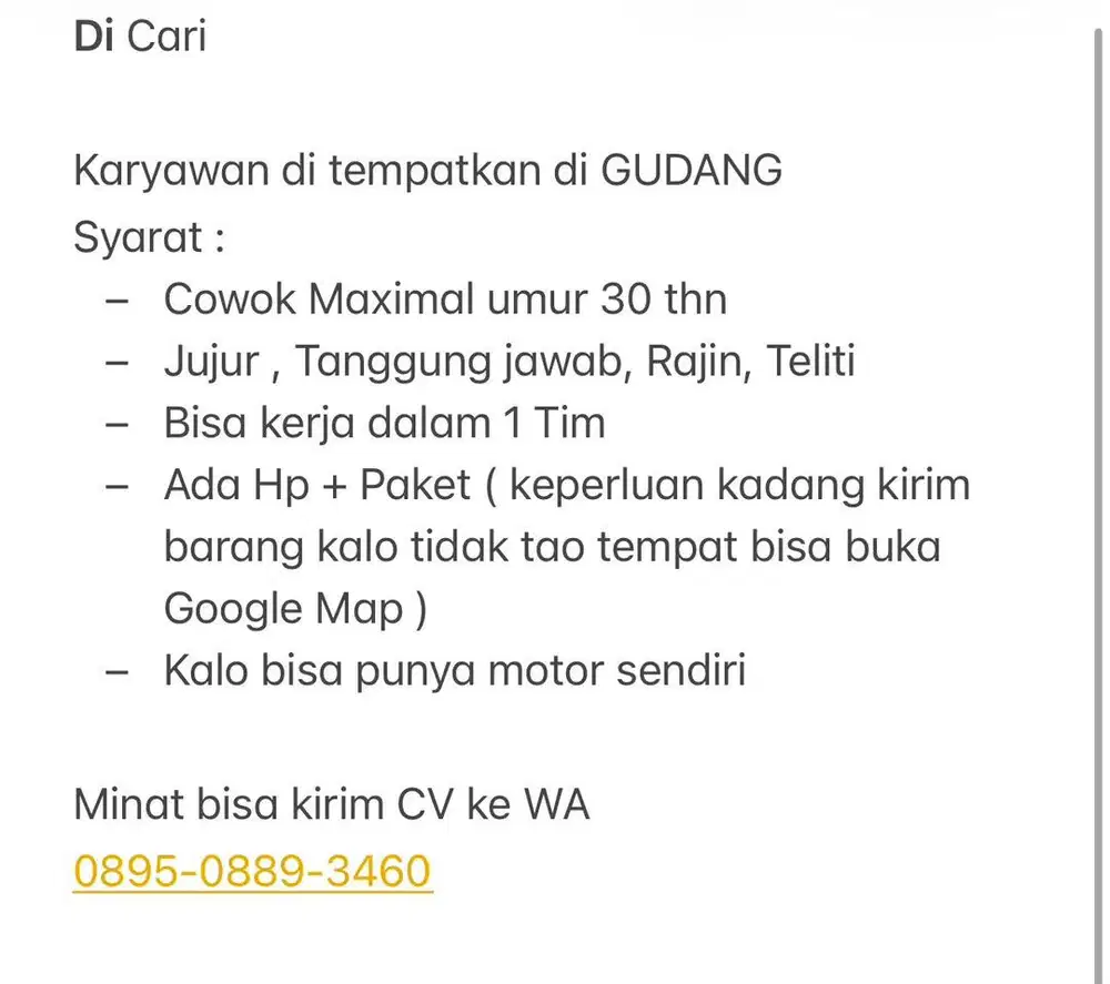 Di Cari Bagian Gudang Khusus Cowok