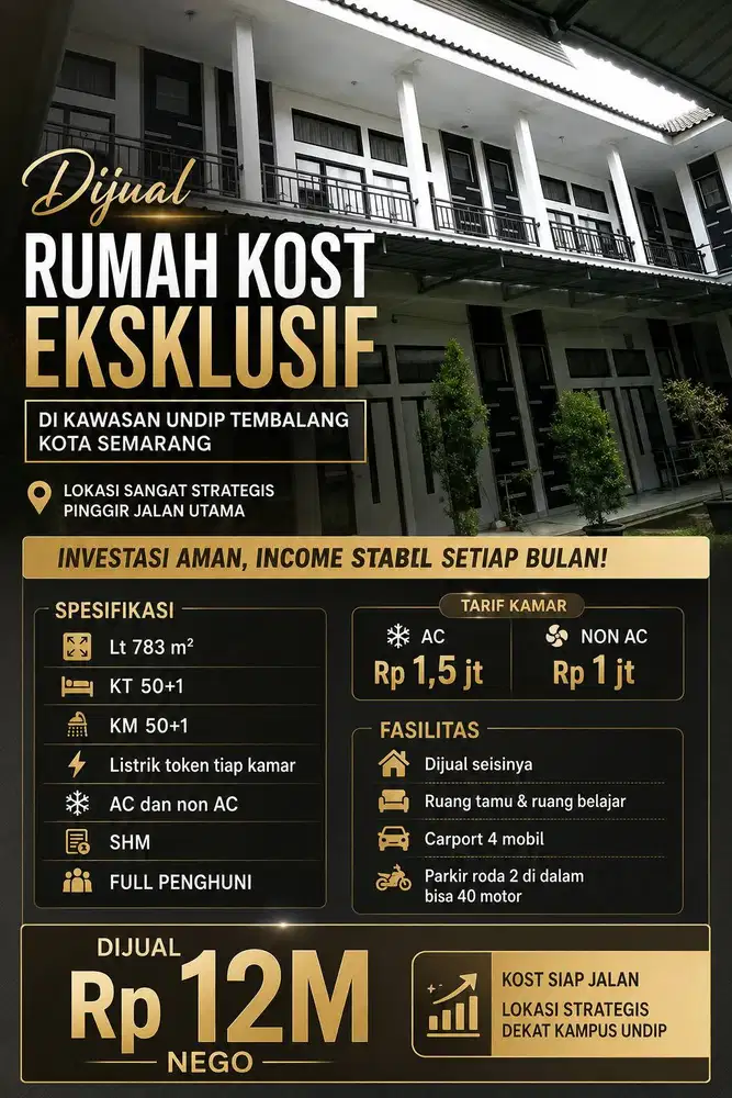 DIJUAL KOST TEMBALANG 51KT 2/783m VIEW UNTUNG BESAR LUAS DEKAT UNNIV