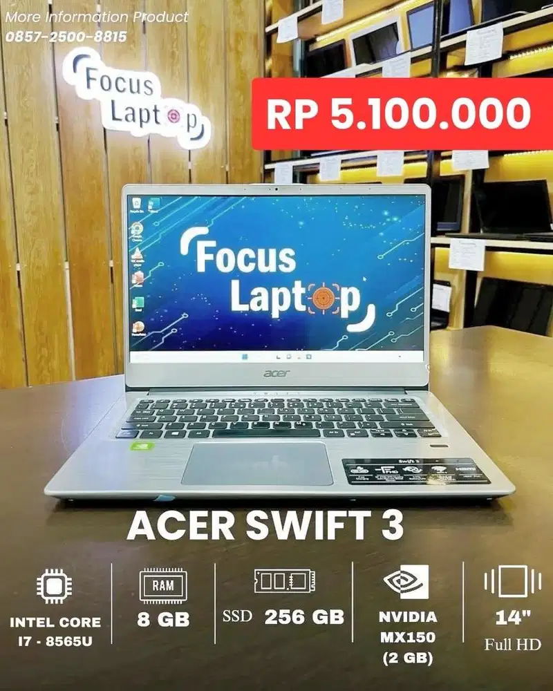 ACER SWIFT 3. INTEL CORE I7-8565U. RAM 8 GB. SSD 256 GB. VGA (2 GB)