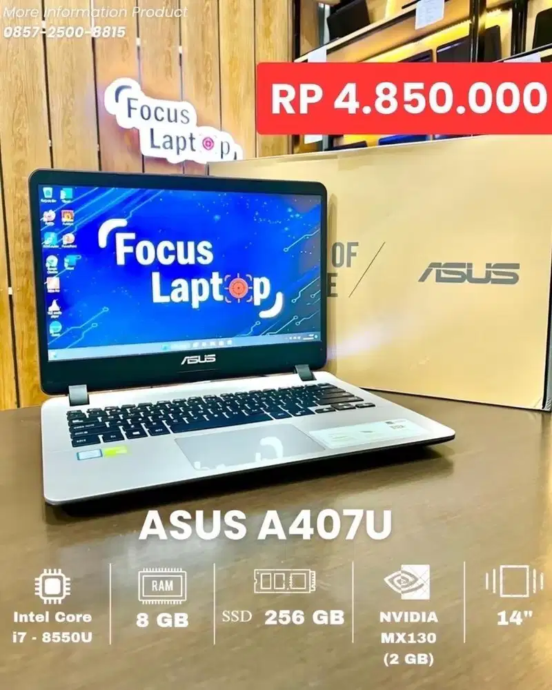 ASUS A407U. INTEL CORE i7-8550U. RAM 8 GB. SSD 256 GB. VGA MX130 (2 GB