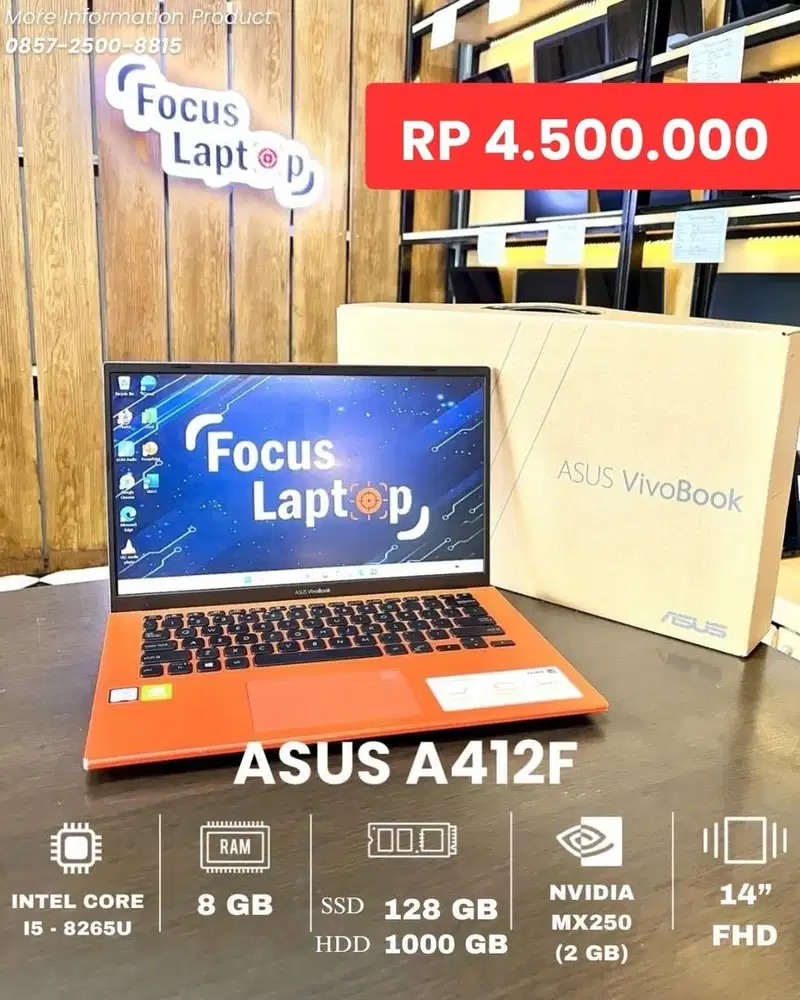 ASUS A412F. INTEL CORE I5-8265U. RAM 8 GB. SSD + HDD. VGA MX250 (2 GB