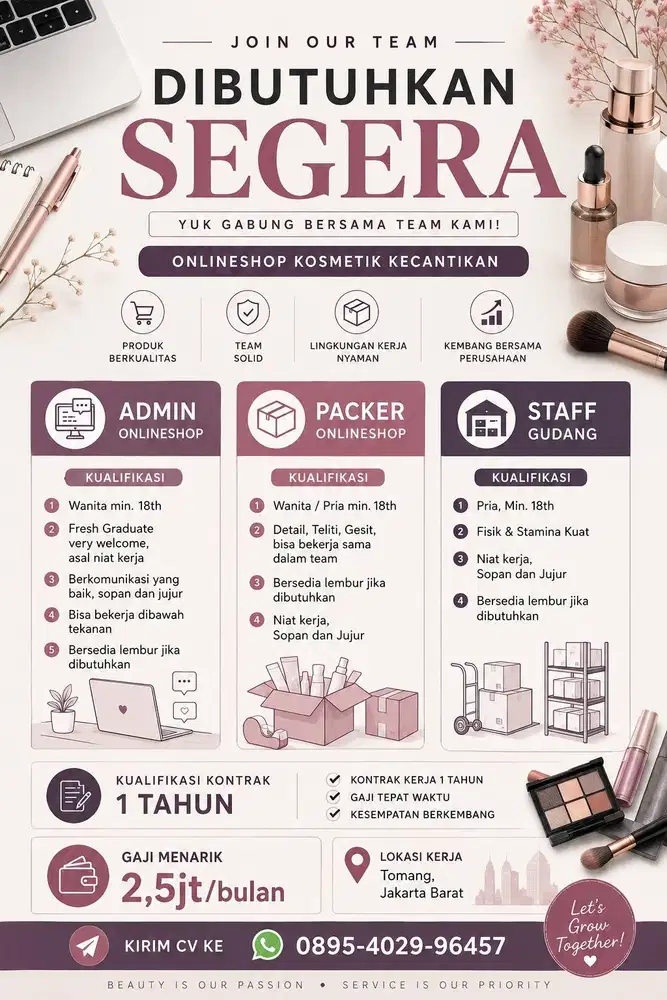 DIBUTUHKAN ADMIN, PACKING DAN STAFF GUDANG ONLINESHOP JAKARTA BARAT