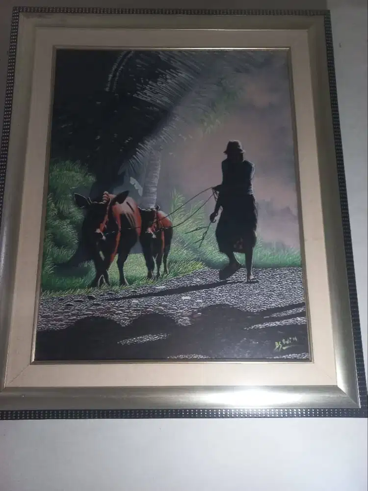 Lukisan Canvas Bali Siluet Petani Angon Sapi