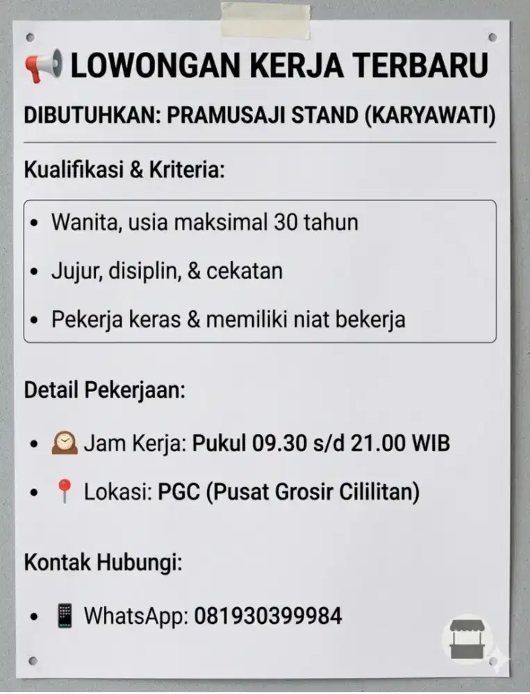 Dibutuhkan Pramusaji Stand di pgc cililitan