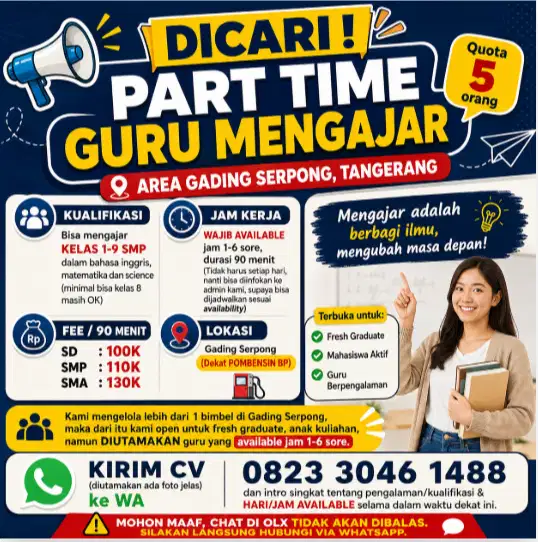 LOKER Guru Part Time Bimbel di GADING SERPONG all candidates welcome