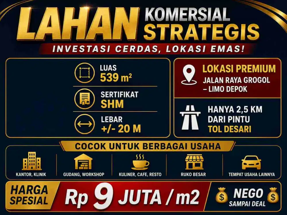 TANAH LAHAN KOMERSIAL JALAN RAYA GROGOL LIMO