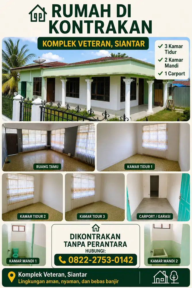 DIKONTRAKAN RUMAH 3 KAMAR – KOMPLEK VETERAN SIANTAR | TANPA PERANTARA
