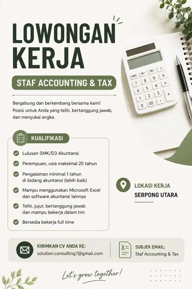 Lowongan Pekerjaan Staff Accounting & Tax