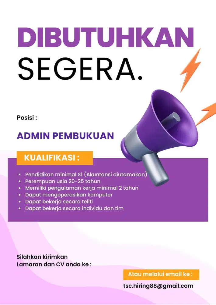 SEGERA DIBUTUHKAN ADMIN PEMBUKUAN