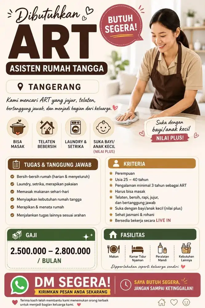 URGENT! Dicari ART Live In Tangerang – Bisa Masak & Rajin