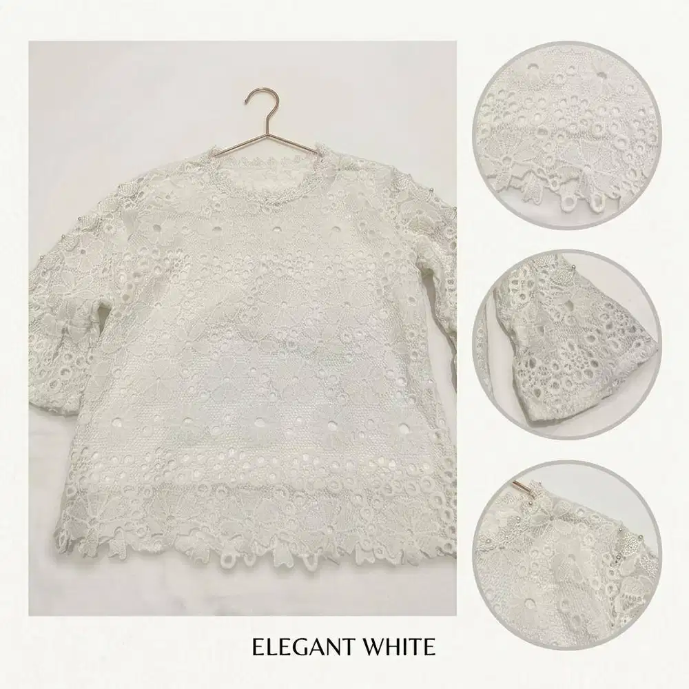 Atasan Brukat Cantik & Elegan /Blouse Renda Bunga Putih Lengan Mutiara