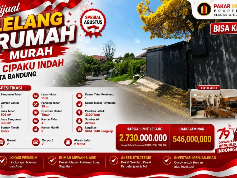 Rumah Lelang Cipaku Indah Bandung SHM, Tanah Luas 506 m² Bisa KPR