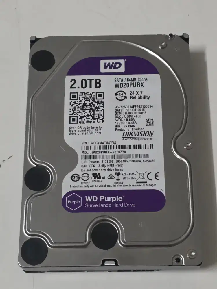 WD Purple 2TB WD20PURX Harddisk CCTV Surveillance HDD SATA ex Cabutan