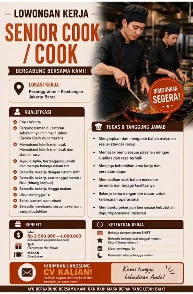 Loker Cook / Senior Cook Resto / Tukang Masak / Chef