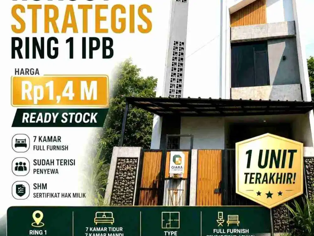 Jual Kost Ready Stock di Ring 1 IPB, Sudah Running Full Occupancy, Fully Furnished, Demand Tinggi, Lingkungan Sudah Hidup, Sisa 1 Unit, SHM
