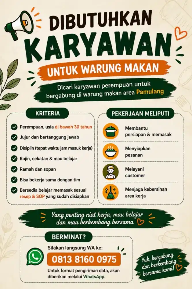 Dibutuhkan Karyawan untuk Warung Makan